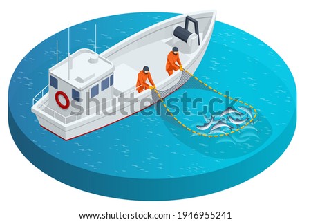 Isometric fishing schooner, fishing boat or ship. Fishermen pulling up a net filled with fish. Sea fishing, ship marine industry, fish boat