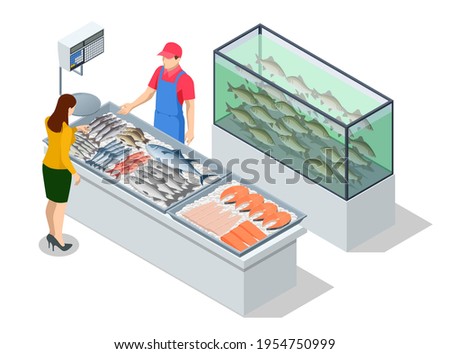 Isometric Fresh Fish and Seafood Sale Market. Fresh Fish in the FreshMarket or Supermarket cooled Fish Fresh. Sea Bass and Bream FreshFish