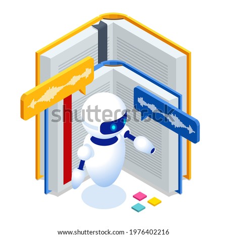 Isometric Audiobook and Science teacher bot concept. Artificial Intelligence, Knowledge Expertise Intelligence Learn. Technology and engineering. Online training banner, Listening to e-books in audio
