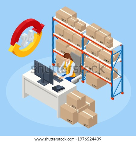 Isometric woman working at computer in on-site office of a warehouse. Staff managing warehouse logistics. Isometric Logistics and Delivery Infographics.