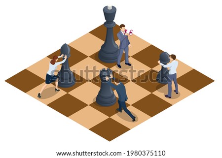 Concept business strategy. People moving chess pieces on chess board. Isometric businessmen and women playing chess game reaching to plan strategy for success.