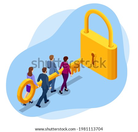 Isometric business people with key and clouds with keyholes. successful teamwork, cooperation in work on business project. Open the door lock.