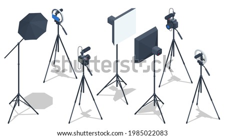 Isometric Video Blogger Recording Video With Camera. Equipment for making video for blog, vlog review or online streaming. Studio lamp light ring, selfie photo camera stick