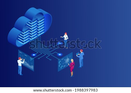 Isometric cloud computing concept represented by a server, with a cloud representation hologram concept. Data center cloud, computer connection, hosting server, database synchronize technology