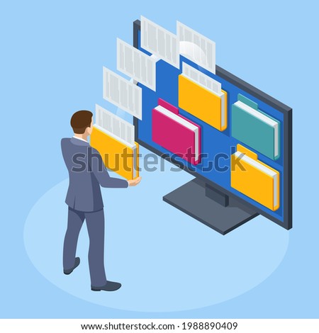 Isometric Database, Archive, Folder in the archives. Drawer with folders for files. Businessman holding a folder with documents from the archive managing online digital database