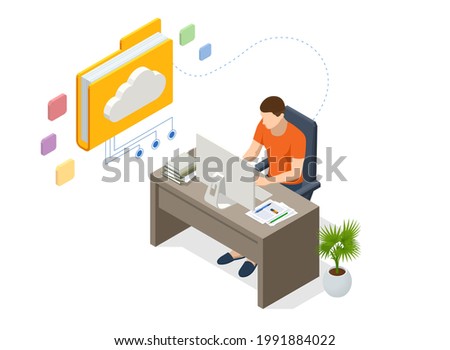 Isometric Cloud Technology. Man Working From Home. Global Outsourcing, People Using Cloud System in Distant Work and Data Storage. Clouds connected documents.