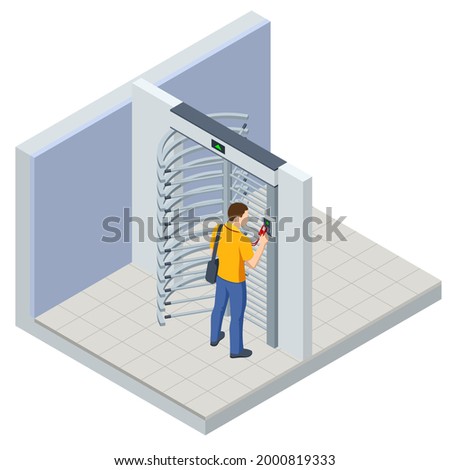 Isometric Full height turnstile security system. Security gates. Access control equipment. Magnetic card access turnstiles. Electronic turnstile. Automatic checkpoint. Building security