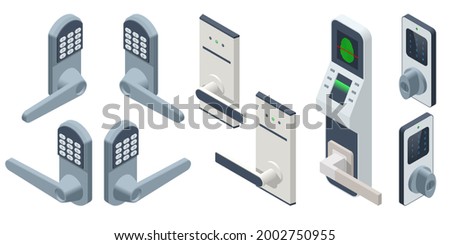 Isometric Door electronic access control system machine. Biometric access control machine, Electronic security door lock icon with keypad and fingerprint reader.