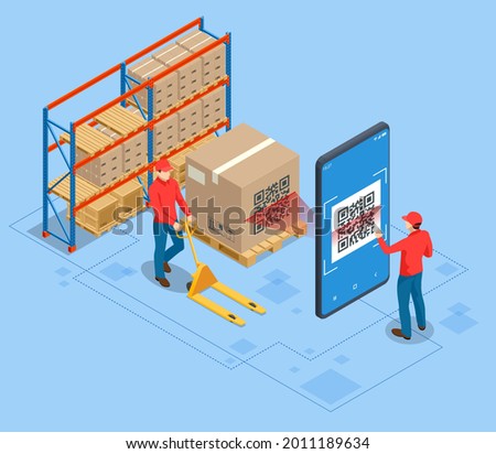 Isometric Smart warehouse management system. Concept of automatic logistics management. Packages are transported in high-tech Settings, Online shopping