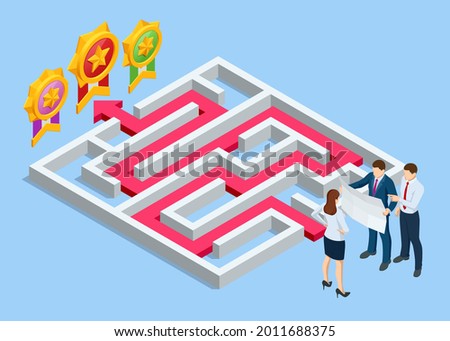 Isometric maze, labyrinth solution. Business team looking for solution in a maze. Challenge. Puzzle riddle logic game isometric concept. The path to the goal or success, teamwork and business strategy