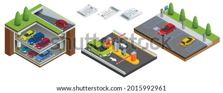 Isometric Underground parking with cars. Indoor car park under house or office. City parking lot with a set of different cars. Public car-park. Car in the parking lot and Parking tickets.