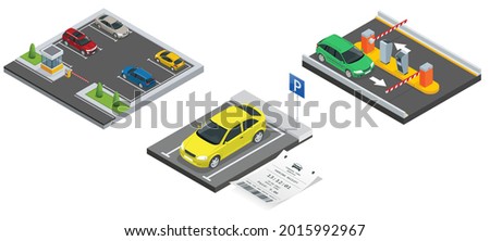 Isometric City parking lot with a set of different cars. Public car-park. Car in the parking lot and Parking tickets.