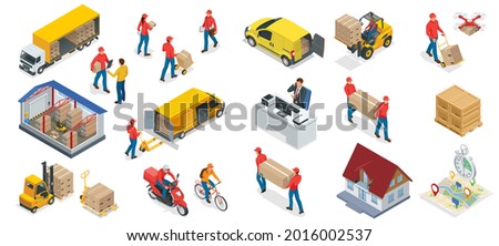 Isometric big set iconf of Logistics and Delivery elements. Delivery home and office. City logistics. Warehouse, truck, forklift, courier, drone and delivery man.