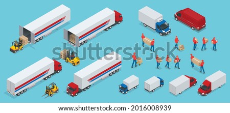 Isometric Logistics icons set of different transportation distribution vehicles, delivery elements. Cargo transport isolated on white background.