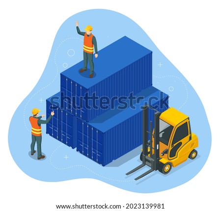 Isometric Automated Transport Vehicles Container Loading Cargo. Container Ship Loading and Unloading in Sea Port. Business Logistic Import and Export Freight Transportation by Container Ship