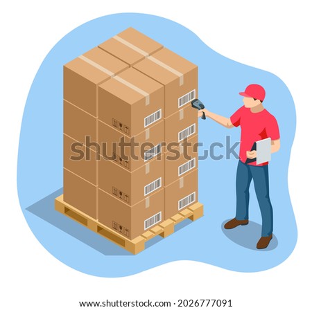 Warehouse manager or warehouse worker with bar code scanner checking goods on storage racks. Stock taking job.