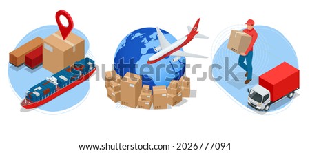 Isometric global logistics network. Air cargo, rail transportation, maritime shipping, warehouse, container ship, city skyline on the world map.