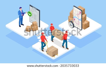 Global logistics network isometric illustration. Isometric Logistics and Delivery concept. Delivery home and office. City logistics. Warehouse, truck, forklift, courier. On-time delivery