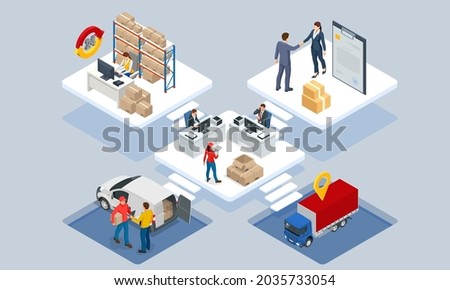 Global logistics network isometric illustration. Isometric Logistics and Delivery concept. Delivery home and office. City logistics. Warehouse, truck, forklift, courier. On-time delivery