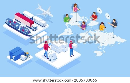 Global logistics network isometric illustration. Air cargo trucking rail transportation maritime shipping On-time delivery Vehicles designed to carry large numbers of cargo
