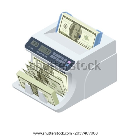 Isometric Money Counting Machine. LED Display Shows the Count of the Bills. Digital Electronic Money Counter Currency Counting Machines with Automatic Fake Note Detection. Large Amounts of Money