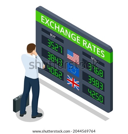 Isometric Bank Information board with different flags and currency for buy or sell. Foreign currency exchange rates. Currency exchange rate on digital LED display board