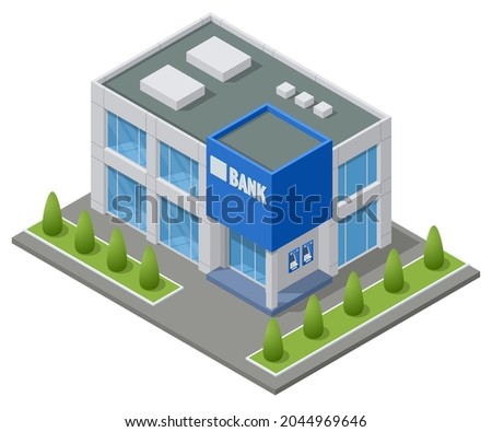 Isometric Bank Branch Office Building Isolated on White. Financial Center. City Bank Building on the Street