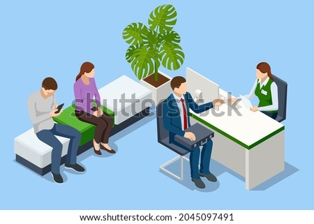 Isometric bank office. Bank employees sitting behind tables and serving bank customers. Financial center modern corporate interior design