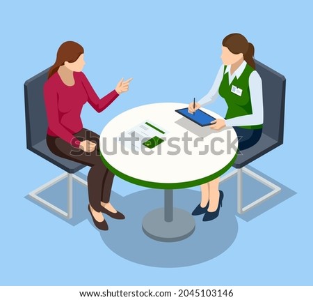 Isometric bank office. Bank employees sitting behind tables and serving bank customers. Bank insurance manager speaking with new client.