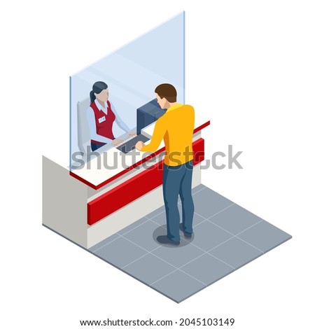 Isometric bank office. Bank employees sitting behind tables and serving bank customers. Bank insurance manager speaking with new client.