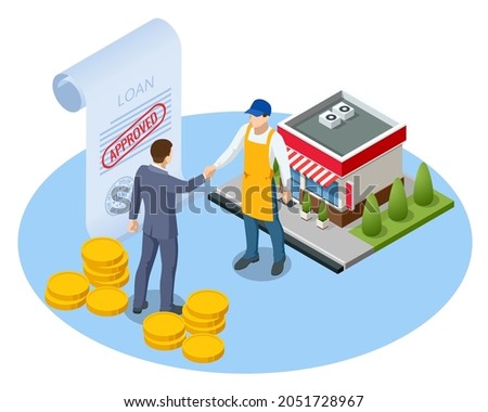 Isometric small business loan form financial concept. Shop that get loans from bank without collateral