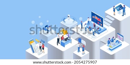 Isometric Expert team for Data Analysis, Business Statistic, Management, Consulting, Marketing. Communication and contemporary marketing. Corporate people working together