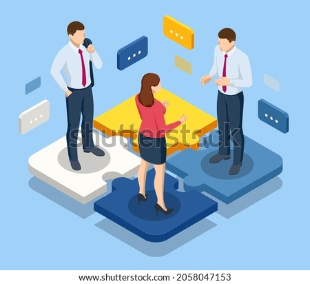 Isometric people connecting puzzle elements. Business teamwork, cooperation, partnership. Team work, team building, corporate organization. Puzzle teamwork. Photo stock © 