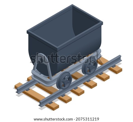 Isometric old coal mine wagon. Mining cart. Old iron lurry minecart tram tool equipment