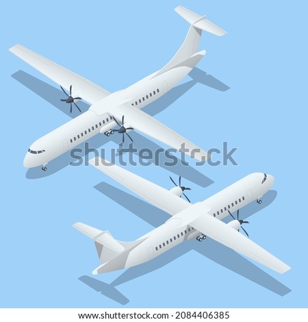 Isometric Airplanes on Blue Background. Turboprop Regional airliner. Industrial Blueprint of Airplane. Airliner ATR 42 in Top