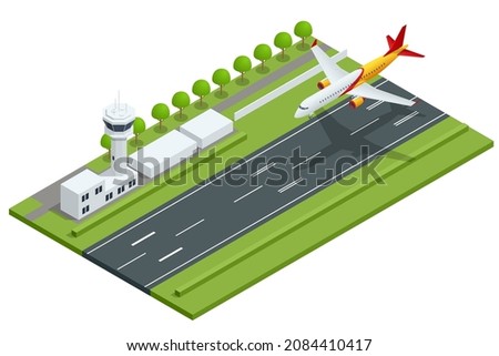 Isometric big passenger airplane is landing to runway of airport. An airliner, aircraft for transporting passengers and air cargo.