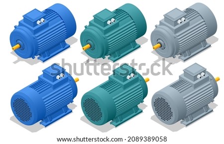 Isometric Electric Generator Motor isolated on white background. Power supply for electric car charging. Modern technology and environment care