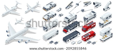 Isometric Service Vehicles, Self-Propelled Ladder, Airplane passenger plane. Business aircraft, Corporate jet. Aerodrome Tow Tractor, Gasoline and Fire Engine
