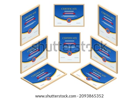 Certificate isometric view straight, left, right, top. Certificate template of achievement border template with badge for award, business, and education needs