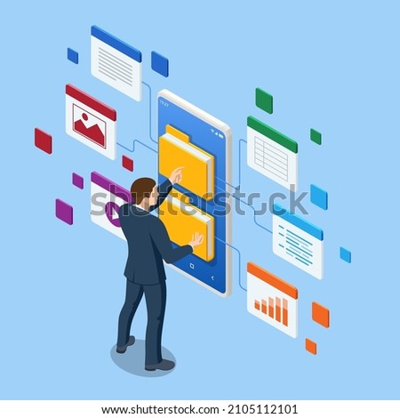 Isometric file in database, document flow management concept. Cloud data storage and remote data access