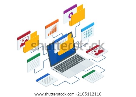 Isometric file in database, document flow management concept. Cloud data storage and remote data access