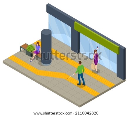 Isometric yellow tactile paving for the visually impaired on the sidewalk. Braille on the road used by people who are visually impaired, blind, deafblind, low vision.