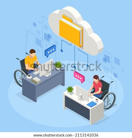 Isometric modern cloud technology and networking concept. Web cloud technology business. Internet data services. People with disability, person who uses a wheelchair, wheelchair user