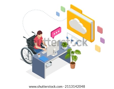 Isometric modern cloud technology, networking concept. Web cloud technology business. Internet data services. Woman with a disability, woman with laptop. Person who uses a wheelchair, wheelchair user