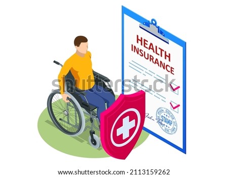Isometric Health insurance concept. Healthcare, finance and medical service. Medical Document Form. People with disability, person who uses a wheelchair, wheelchair user