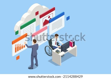 Isometric modern cloud technology and networking concept. Web cloud technology business. Internet data services. People with disability, person who uses a wheelchair, wheelchair user