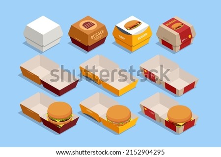 Isometric burger, hamburger in red and beige paper boxes for burgers. Top and front side view isolated on white background