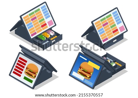 Isometric Fast food checkout terminal. Card payment terminal in fast food restaurant