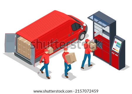 Isometric parcel locker. Postman and locker with digital panel for password. The chain of autonomous postal points for self-receipt and sending of postal parcels. Postal delivery, smart self-service
