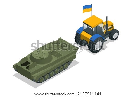 Isometric tractor with Ukrainian flag pulls a russian BMP or tank. Ukrainian in war. Russia is the aggressor.